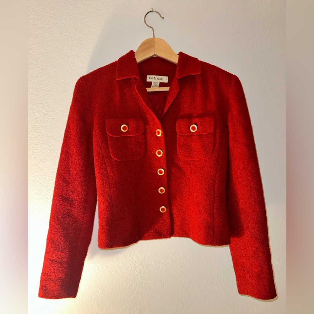 Ann Taylor Women’s Red Tweed Button-Up Suit Jacket